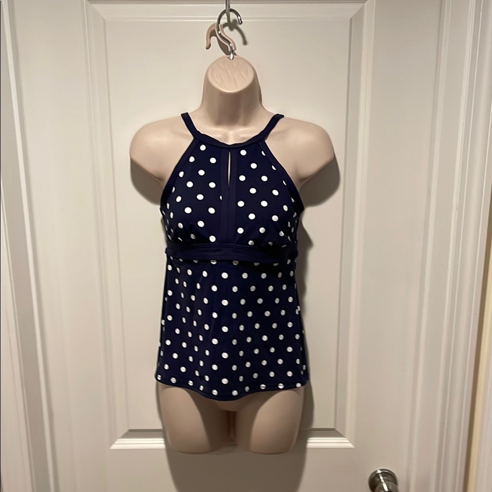 NWT Navy blue and White POLKA DOT tankini swim top LANDS END Sz 2